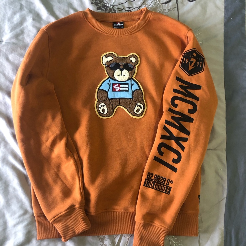 Orange Crewneck Sweater with Bear Patch